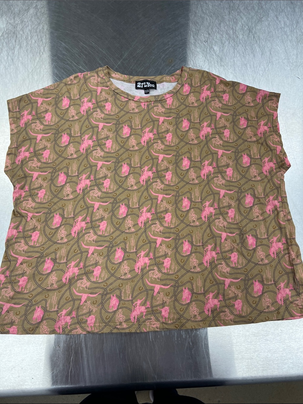 2F Co. Western Women's Short Sleeve Horse Cattle Printed Tee in Tan & Pink